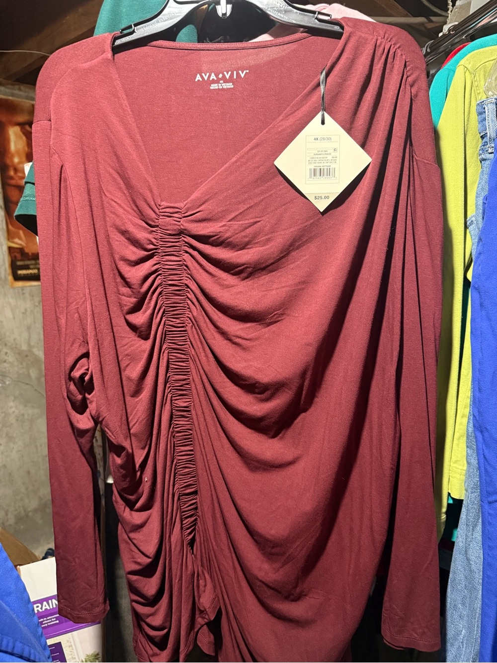 Ava & Viv Burgundy Ruched V-Neck Tunic